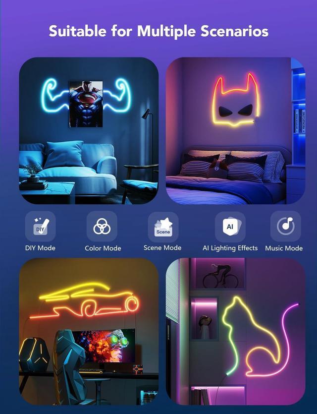 Alt view image 7 of 7 - RGBIC Neon Lights, LED Smart Neon Rope Light 2 Works with Matter, Alexa, Google Assistant, Custom DIY Neon Strip Lights for Bedroom and Wall Decor, Softer Material, 16.4ft, White