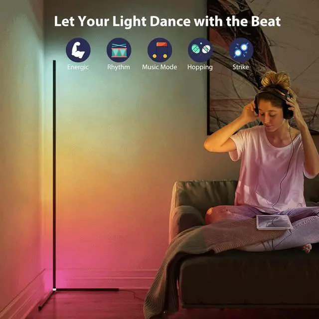 Alt view image 4 of 7 - 2PCS RGB Corner Floor Lamp, 64.5" RGB Color Changing Mood Light Bluetooth APP and Remote Control Music Sync LED 398 Dimmable Modes Modern Floor Lamp for Living Room, Light Timing