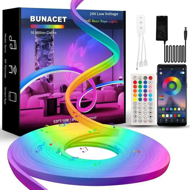 Main image of 52FT LED Neon RGBIC Lights, LED Lights with RF Remote & APP Control, Flexible IP65 Waterproof Outdoor,Music Sync,DIY Design, 24V LED Strip Lights for Gaming Livingroom Wall Christmas Decor
