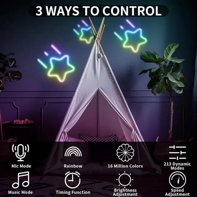 Alt view image 3 of 7 - 52FT LED Neon RGBIC Lights, LED Lights with RF Remote & APP Control, Flexible IP65 Waterproof Outdoor,Music Sync,DIY Design, 24V LED Strip Lights for Gaming Livingroom Wall Christmas Decor