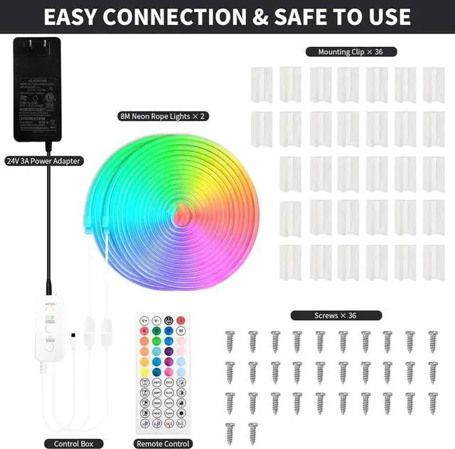 Alt view image 7 of 7 - 52FT LED Neon RGBIC Lights, LED Lights with RF Remote & APP Control, Flexible IP65 Waterproof Outdoor,Music Sync,DIY Design, 24V LED Strip Lights for Gaming Livingroom Wall Christmas Decor