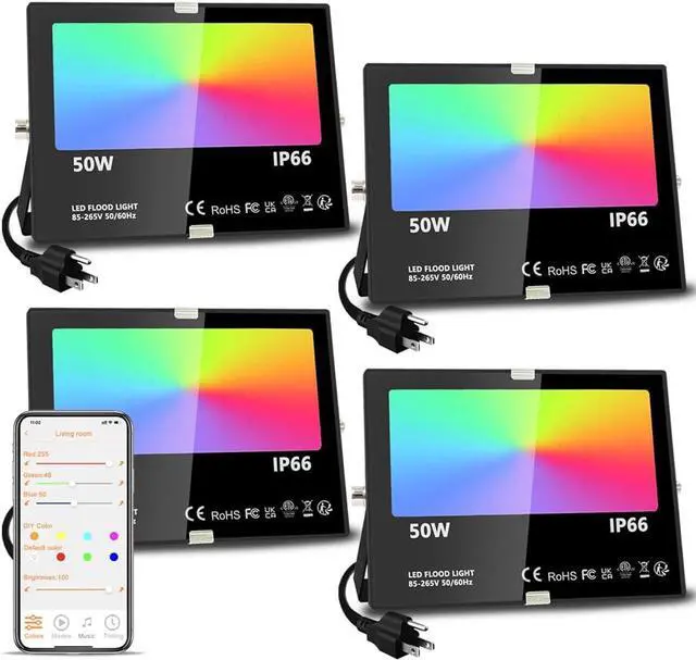 Main image of LED Flood Light Outdoor, 500W Equivalent 5000LM Smart RGB Landscape Lighting with APP Control, DIY Scenes - Timing - Warm White 2700K - Color Changing Uplight, IP66 Waterproof US Plug (4 Pack)