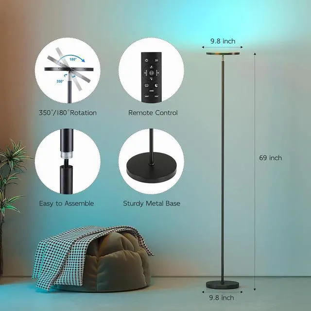 Alt view image 4 of 7 - Smart RGB Floor Lamps for Living Room, 32W Bright LED Floor Lamp with APP and Remote Control, Tall Standing Lamp with Stepless Dimmable, Modern Torchiere Corner Lamp for Bedroom, Gaming Room
