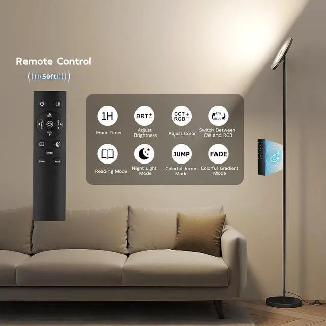 Alt view image 5 of 7 - Smart RGB Floor Lamps for Living Room, 32W Bright LED Floor Lamp with APP and Remote Control, Tall Standing Lamp with Stepless Dimmable, Modern Torchiere Corner Lamp for Bedroom, Gaming Room
