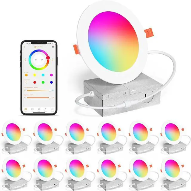 Main image of Smart Recessed Lighting 4 Inch RGBCW Color Changing 12W LED Downlight with Junction Box,1000 Lumen Recessed Ceiling Light Compatible with Alexa,Dimmable by Bluetooth Control -12Pack