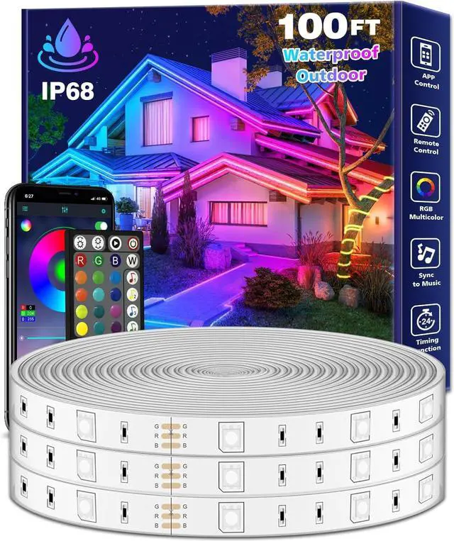 Main image of 100Ft Outdoor LED Strip Lights Waterproof Music Sync RGB IP68 Outside Led Light Strips Waterproofs with App and Remote Exterior Led Rope Lights Waterproof for Deck Balcony Roof Garden Pool