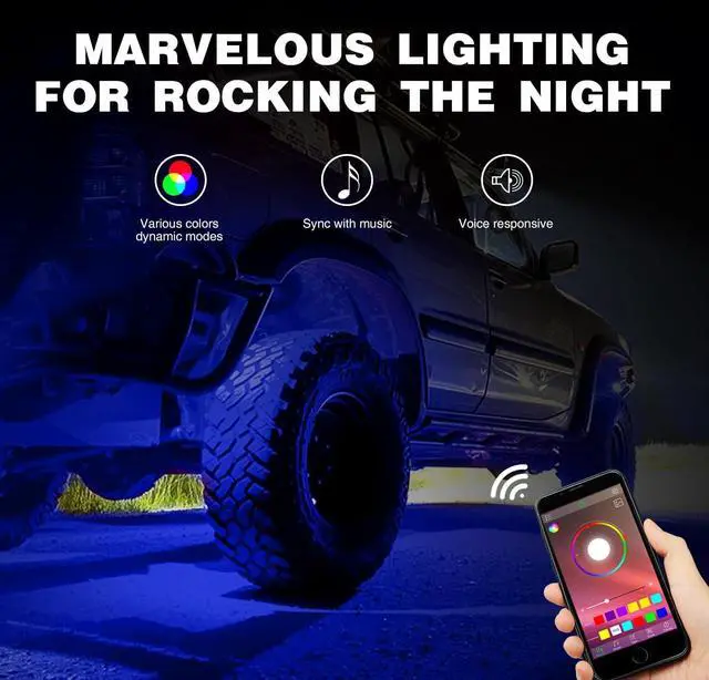 Alt view image 2 of 7 - RGB LED Rock Lights Kit, 6 pods Underglow Multicolor Neon Light Pod with Bluetooth App Control Flashing Music Mode IP68 Exterior Wheel Well Light for Truck ATV UTV RZR SUV