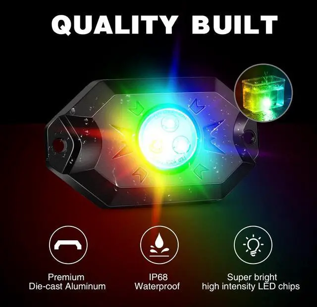 Alt view image 5 of 7 - RGB LED Rock Lights Kit, 6 pods Underglow Multicolor Neon Light Pod with Bluetooth App Control Flashing Music Mode IP68 Exterior Wheel Well Light for Truck ATV UTV RZR SUV