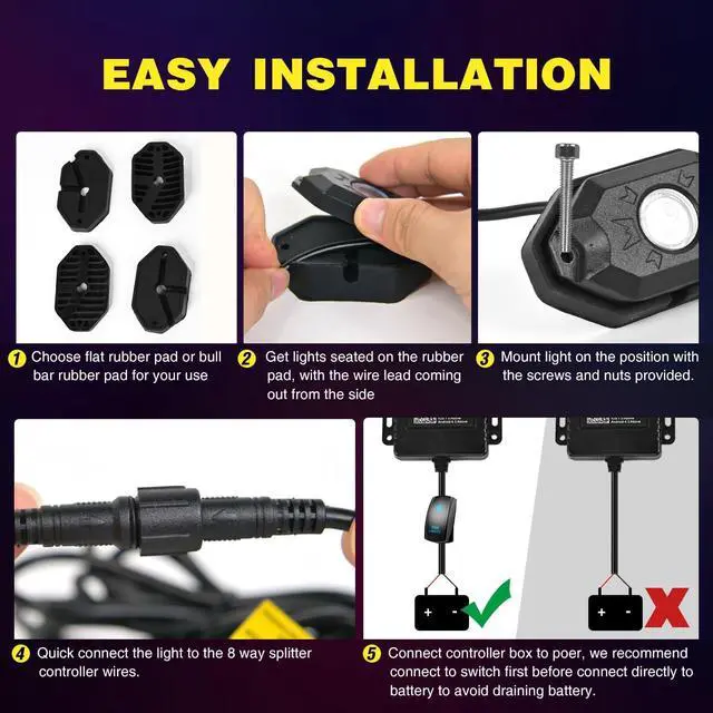 Alt view image 6 of 7 - RGB LED Rock Lights Kit, 6 pods Underglow Multicolor Neon Light Pod with Bluetooth App Control Flashing Music Mode IP68 Exterior Wheel Well Light for Truck ATV UTV RZR SUV