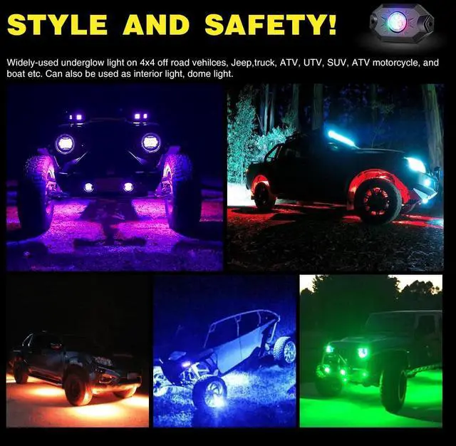 Alt view image 7 of 7 - RGB LED Rock Lights Kit, 6 pods Underglow Multicolor Neon Light Pod with Bluetooth App Control Flashing Music Mode IP68 Exterior Wheel Well Light for Truck ATV UTV RZR SUV