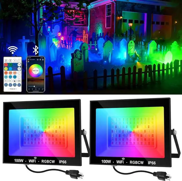 Main image of RGB LED Flood Light Outdoor 1000W Equivalent, 100W Bluetooth RGBCW Smart Floodlights 2700K, 16 Million Color Changing, Timing, Music Sync, IP66 Waterprrof Landscape Light with US Plug (2 Pack)