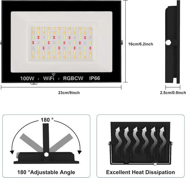 Alt view image 2 of 7 - RGB LED Flood Light Outdoor 1000W Equivalent, 100W Bluetooth RGBCW Smart Floodlights 2700K, 16 Million Color Changing, Timing, Music Sync, IP66 Waterprrof Landscape Light with US Plug (2 Pack)
