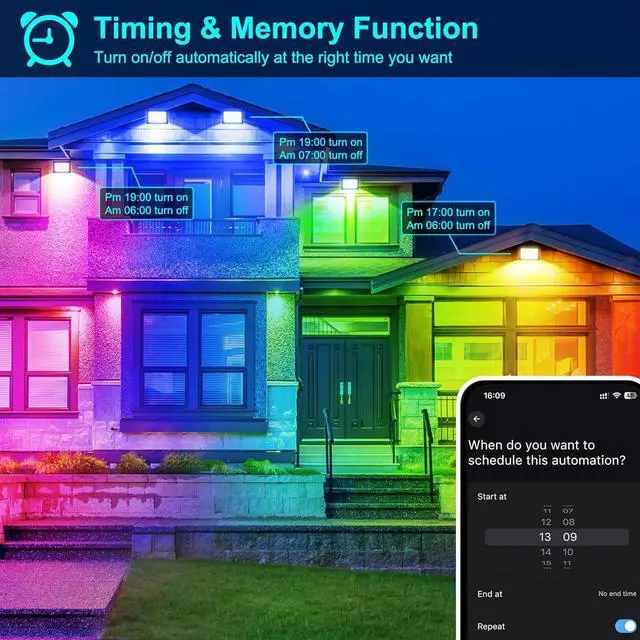 Alt view image 3 of 7 - RGB LED Flood Light Outdoor 1000W Equivalent, 100W Bluetooth RGBCW Smart Floodlights 2700K, 16 Million Color Changing, Timing, Music Sync, IP66 Waterprrof Landscape Light with US Plug (2 Pack)