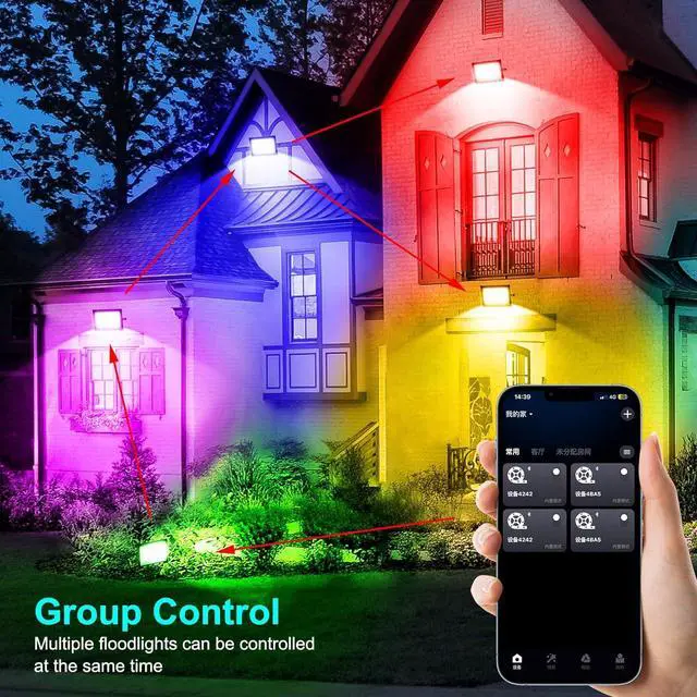 Alt view image 4 of 7 - RGB LED Flood Light Outdoor 1000W Equivalent, 100W Bluetooth RGBCW Smart Floodlights 2700K, 16 Million Color Changing, Timing, Music Sync, IP66 Waterprrof Landscape Light with US Plug (2 Pack)