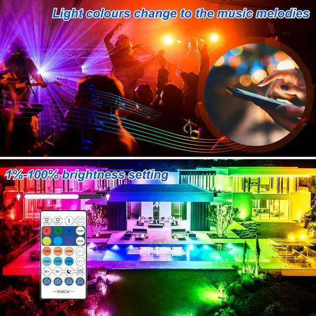 Alt view image 5 of 7 - RGB LED Flood Light Outdoor 1000W Equivalent, 100W Bluetooth RGBCW Smart Floodlights 2700K, 16 Million Color Changing, Timing, Music Sync, IP66 Waterprrof Landscape Light with US Plug (2 Pack)