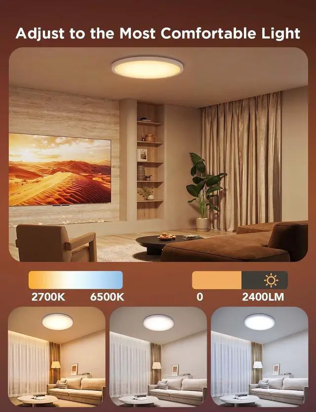 Alt view image 3 of 7 - Smart Ceiling Light, RGBIC LED Ceiling Light Fixture, 2400LM Flush Mount Light Fixture, DIY Colors, Works with Alexa, 2200K-6500K Ceiling Lights for Bedroom, Living Room, 12 Inch, 2 Packs