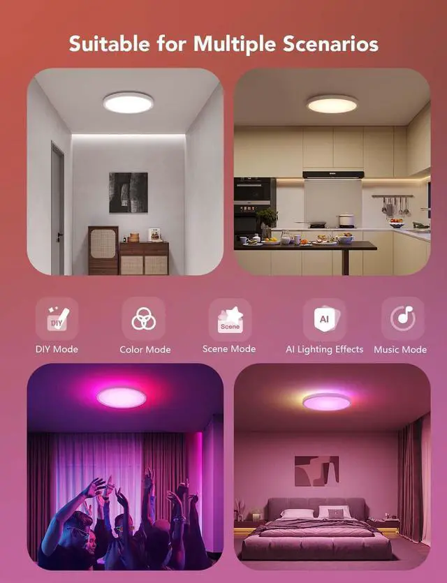 Alt view image 7 of 7 - Smart Ceiling Light, RGBIC LED Ceiling Light Fixture, 2400LM Flush Mount Light Fixture, DIY Colors, Works with Alexa, 2200K-6500K Ceiling Lights for Bedroom, Living Room, 12 Inch, 2 Packs