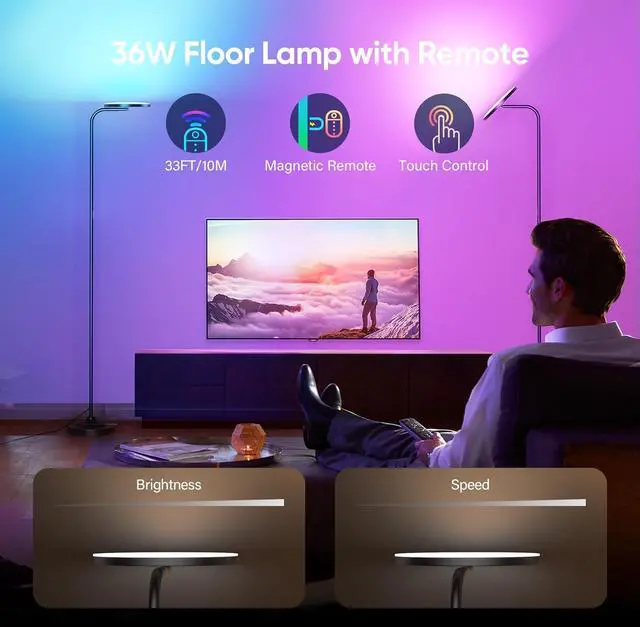 Alt view image 2 of 7 - RGB Floor Lamp, 36W Bright LED Standing Lamp, Stepless Dimming Color Changing Torchiere Floor Lamps with Remote, 350°Rotating Modern Tall Floor Lamp for Living Room, Gaming Room