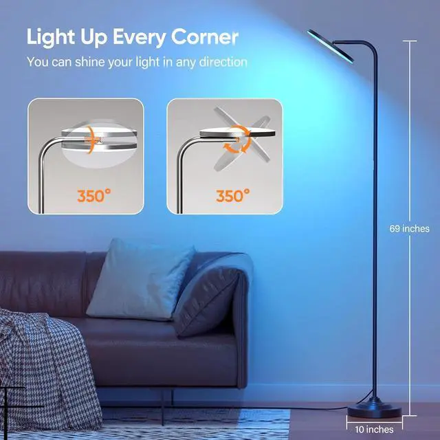 Alt view image 4 of 7 - RGB Floor Lamp, 36W Bright LED Standing Lamp, Stepless Dimming Color Changing Torchiere Floor Lamps with Remote, 350°Rotating Modern Tall Floor Lamp for Living Room, Gaming Room