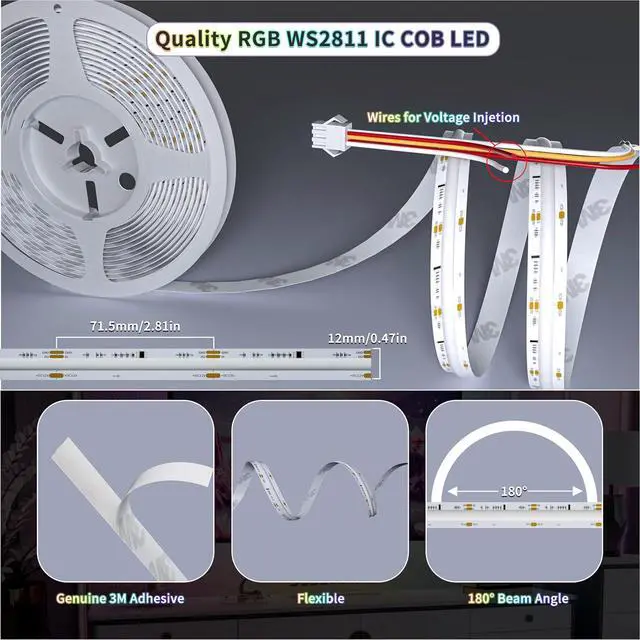 Alt view image 6 of 7 - RGB WS2811 IC COB LED Strip Lights 18ft,DC12V Addressable Chasing Color RGB LED Strip Lights Kit,APP Control Music Sync Color Changing Lights for Party Home Gaming DIY Lighting Projects