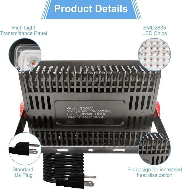 Alt view image 3 of 7 - 2 Pack 200W RGB Flood Light, RGB Color Changing Floodlight, Smart RGB Floodlight with Remote Control, for Club, Wedding, Poster, Stage Lighting, Birthday Party, KTV, Christmas, Halloween