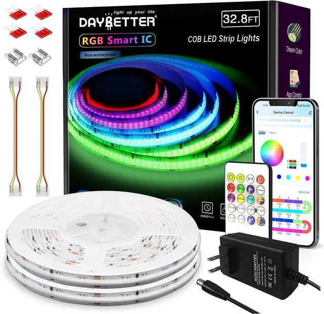 Main image of RGB Smart IC COB LED Strip Lights, High Density Uniform LED Lights with Built-in IC Chips, App-Control, Flexible Dream Color COB Lights with 24V Adapter for Bedroom, Holiday Decor, 32.8ft