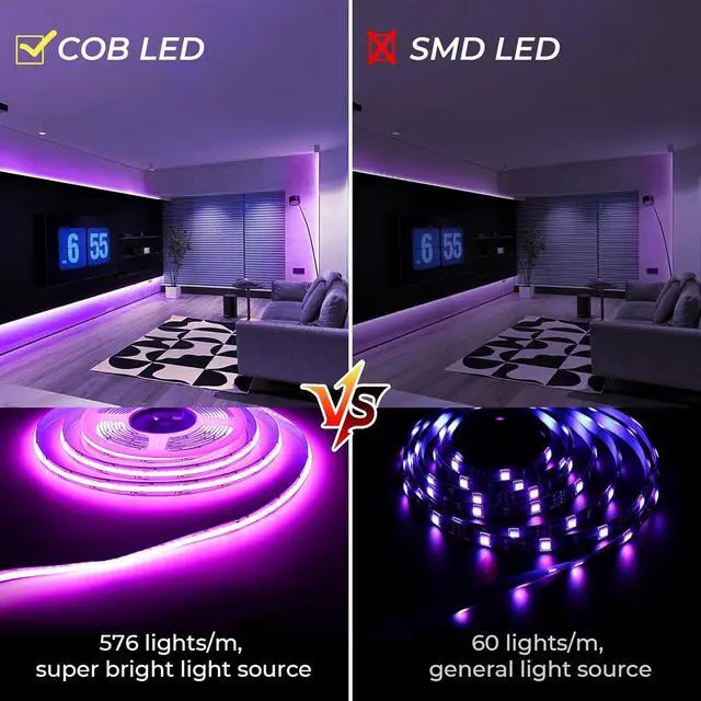 Alt view image 2 of 7 - 24V RGB COB Led Light Strip 32.8ft 5760 LEDs 10mm Width Smart Led Strip Light Color Changing Music Sync Flexible Tape Light for Bedroom Decor TV Backlight Christmas Party