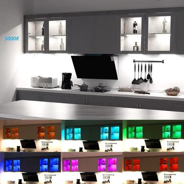 Alt view image 3 of 7 - Under Cabinet LED Lights Kit.RGB Color Changing & Super Bright White Lighting. Dimmable with Remote. 6 pcs Linkable LED Light Strips with Power Supply, Extension Cords. Plug in. Max 24W. RGB + 5000K.