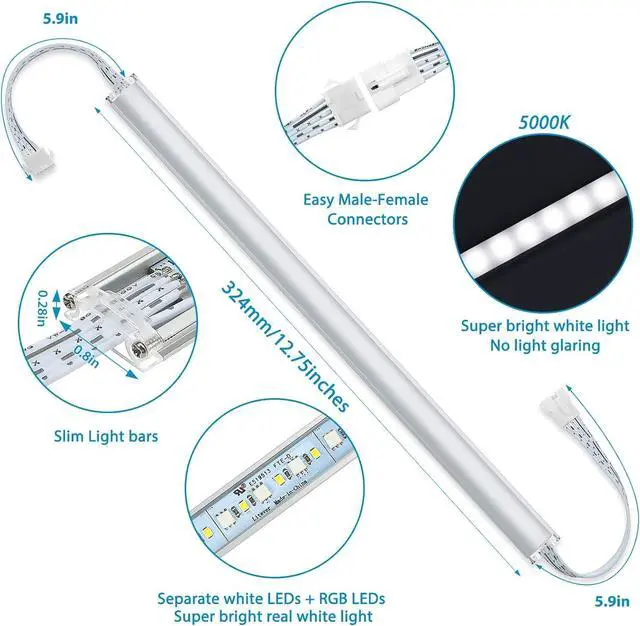 Alt view image 4 of 7 - Under Cabinet LED Lights Kit.RGB Color Changing & Super Bright White Lighting. Dimmable with Remote. 6 pcs Linkable LED Light Strips with Power Supply, Extension Cords. Plug in. Max 24W. RGB + 5000K.