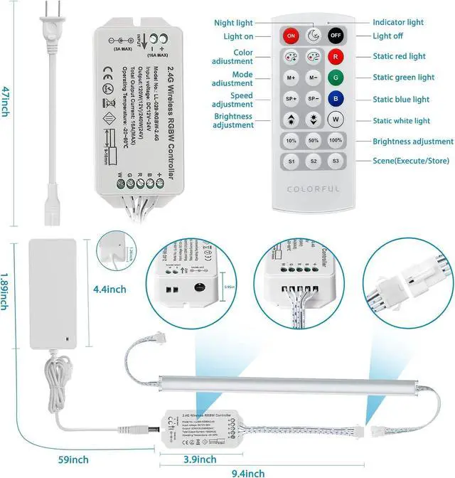 Alt view image 5 of 7 - Under Cabinet LED Lights Kit.RGB Color Changing & Super Bright White Lighting. Dimmable with Remote. 6 pcs Linkable LED Light Strips with Power Supply, Extension Cords. Plug in. Max 24W. RGB + 5000K.