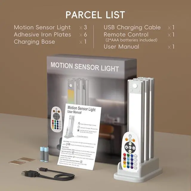 Alt view image 7 of 7 - Under Cabinet Lighting, 3 Pack 60 LED Rechargeable Motion Sensor Light Indoor with Charging Station, Dimmable LED RGB Light Bar, Magnetic Under Counter Lights for Kitchen, Night Safe Light