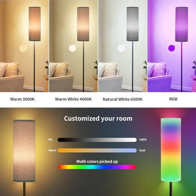Alt view image 5 of 7 - Gray Floor Lamps for Bedroom, Dimmable Colors Temperature & Brightness, Plug in Modern Floor Lamps for Living Room, Tall Standing Lamps for Office, Corner Lamp, 9W RGB LED Bulb, NO Battery