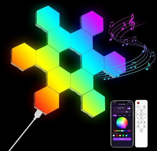 Main image of 12 Pack Hexagon Lights Wall RGB Panel - Smart APP RGB Hexagonal Modular Gaming Light Music with Sync Honeycomb Shape Panels Hexagon Lights for Bedroom Children Room (12 Pack)