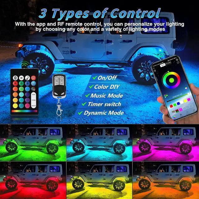 Alt view image 2 of 6 - 10Pods RGB LED Rock Lights Kit with APP/RF Remote Control, Car Underglow Lights with Dual Zone Brake Multicolor Neon Underbody Lights Waterproof 12V for Trucks Pickup Jeep Golf Cart SXS ATV