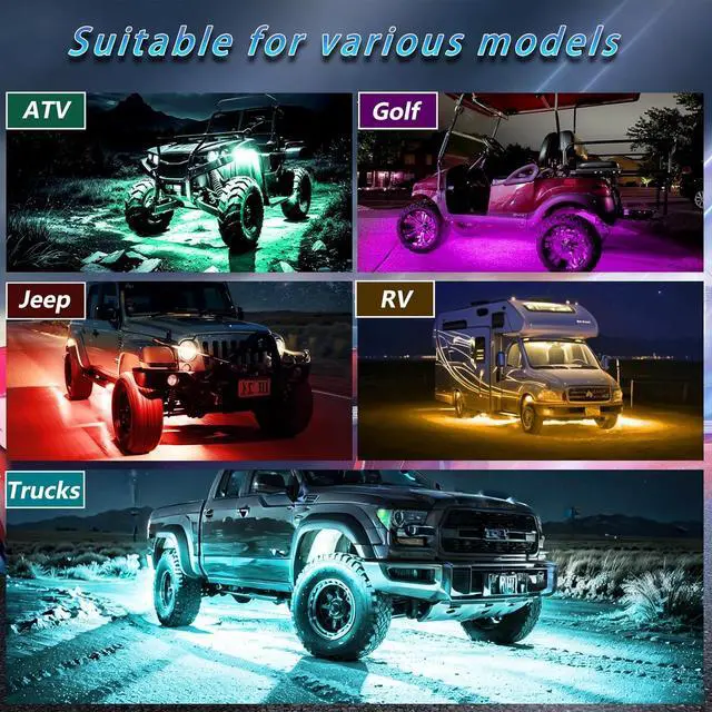 Alt view image 4 of 6 - 10Pods RGB LED Rock Lights Kit with APP/RF Remote Control, Car Underglow Lights with Dual Zone Brake Multicolor Neon Underbody Lights Waterproof 12V for Trucks Pickup Jeep Golf Cart SXS ATV