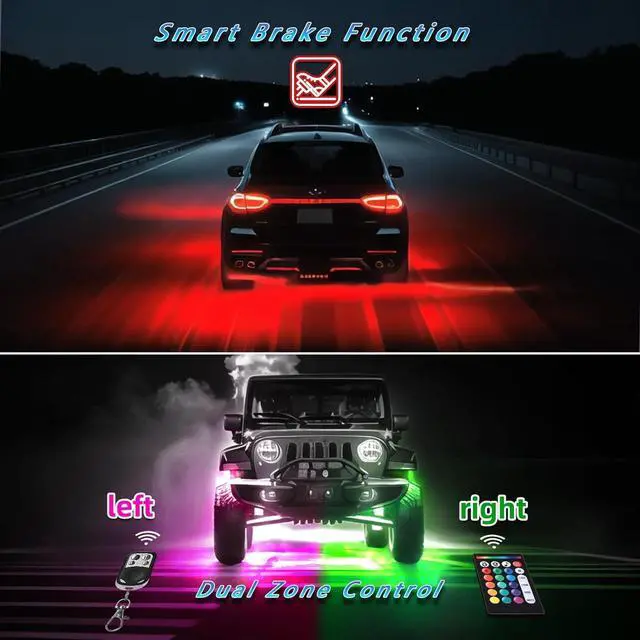 Alt view image 5 of 6 - 10Pods RGB LED Rock Lights Kit with APP/RF Remote Control, Car Underglow Lights with Dual Zone Brake Multicolor Neon Underbody Lights Waterproof 12V for Trucks Pickup Jeep Golf Cart SXS ATV