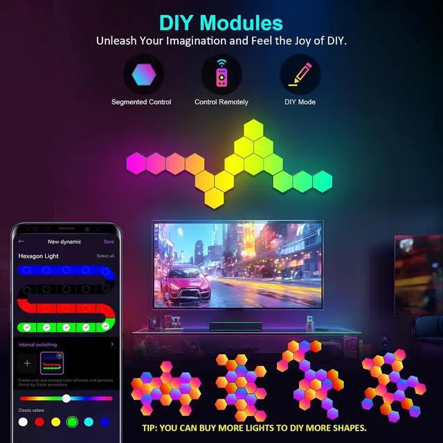 Alt view image 2 of 7 - 20 Pack Hexagon Light Panels - Smart RGB Hexagon LED Lights Wall Lights with APP & Remote Control Cool Music Sync Gaming Lights for Living Room, Bedroom, Gaming Room, Kids, Adults
