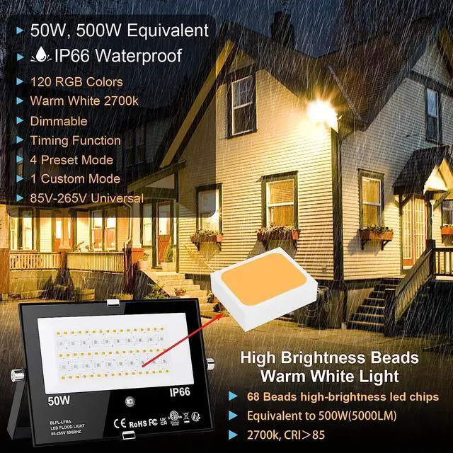 Alt view image 2 of 6 - LED Flood Light Outdoor RGB Stage Lights Color Changing 500W Equivalent 2700k Warm White 5000LM(Remote Control, 120 Colors Strobe, Dimmable, Timing, US 3-Plug) Wall Wash Landscape Spotlight 2 Pack