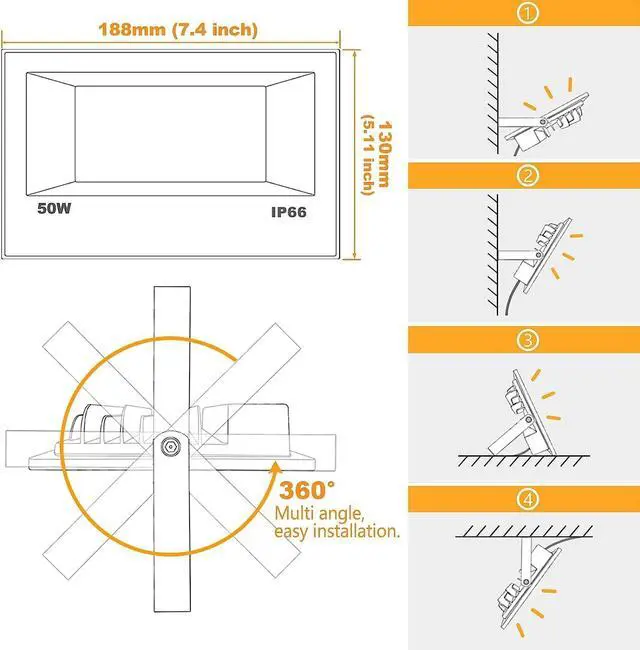 Alt view image 6 of 6 - LED Flood Light Outdoor RGB Stage Lights Color Changing 500W Equivalent 2700k Warm White 5000LM(Remote Control, 120 Colors Strobe, Dimmable, Timing, US 3-Plug) Wall Wash Landscape Spotlight 2 Pack