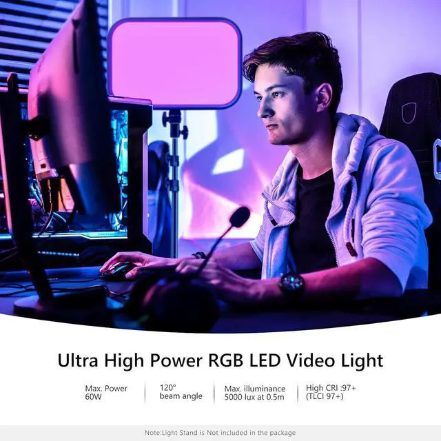 Alt view image 2 of 7 - RGB LED Video Light Panel with APP Control, 360°Full Color, 1 Pack 60W Dimmable 2500K~8500K RGB LED Panel CRI/TLCI 97+ with 17 Special Scenes Effect for Game YouTube Zoom Photography