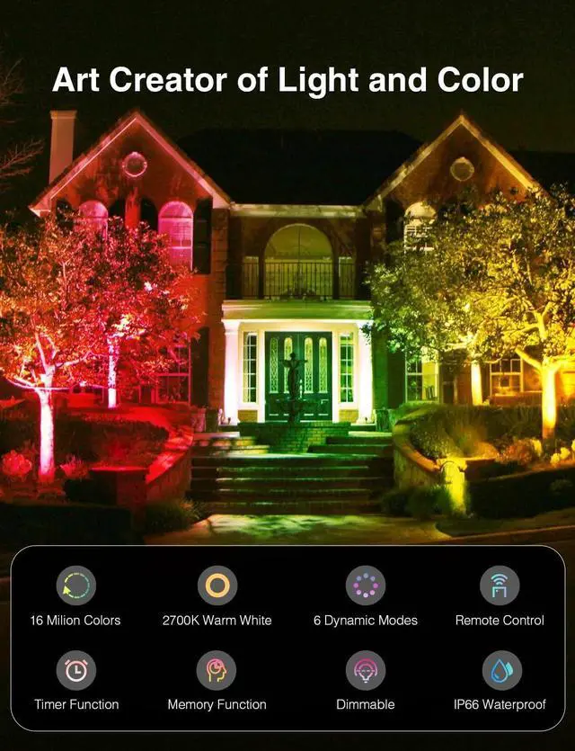 Alt view image 2 of 7 - 2 Pack RGBW LED Flood Light 800W Equivalent, 100W Color Changing Floodlight with 44 Keys Remote, 2700K Warm White IP66 Waterproof Spot Lights Outdoor, Uplights for Stage, Party