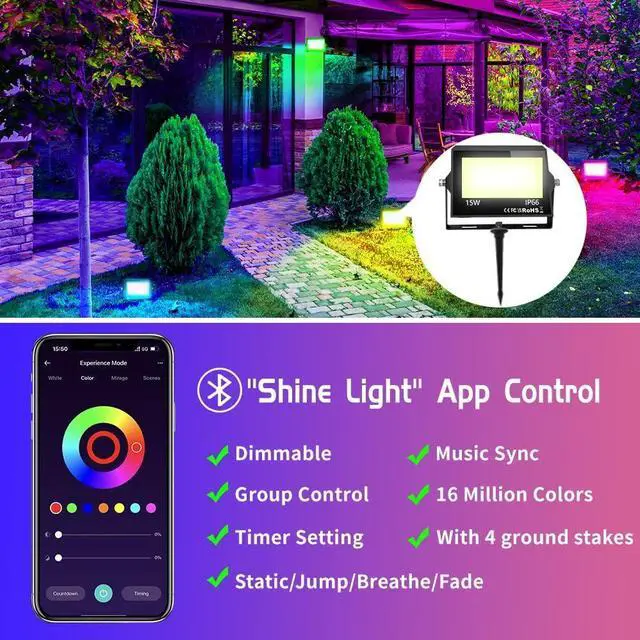Alt view image 2 of 7 - 4 Pack RGB LED Flood Light with Stake, Outdoor DIY Color Changing Stage Party Lights 150W Equivalent 2700K-6500K White Light Dimmable RGB Colored Spotlighs Uplight for Events by App Control