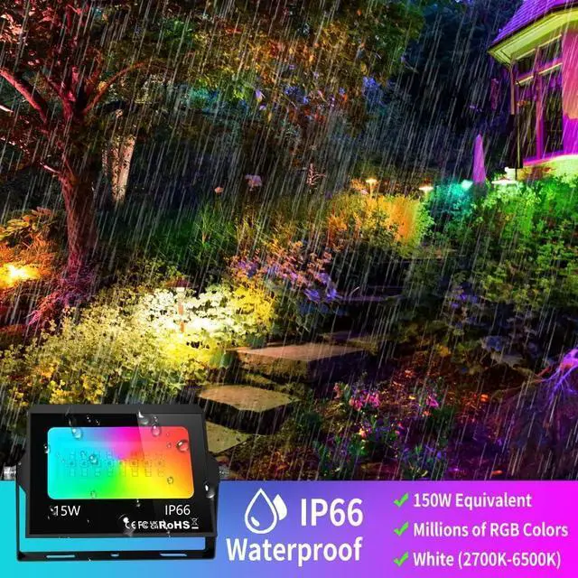 Alt view image 3 of 7 - 4 Pack RGB LED Flood Light with Stake, Outdoor DIY Color Changing Stage Party Lights 150W Equivalent 2700K-6500K White Light Dimmable RGB Colored Spotlighs Uplight for Events by App Control