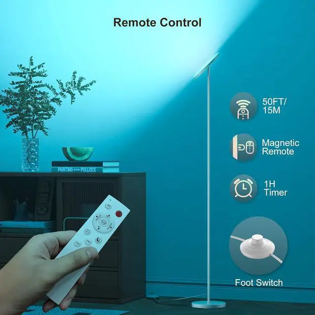 Alt view image 3 of 7 - Torchiere Floor Lamps for Living Room, 32W/3200LM Bright LED Standing Lamp with Remote, Modern Color Changing Tall Lamp with Stepless Dimming, 69" Corner Floor Lamp for Bedroom, Office