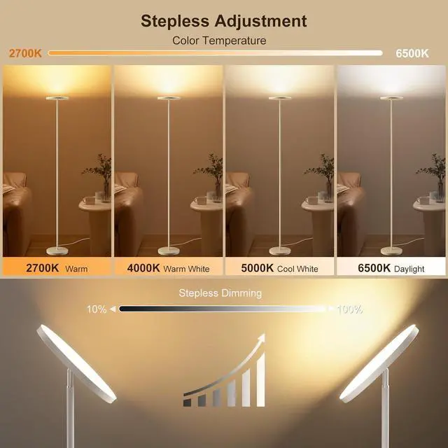 Alt view image 4 of 7 - Torchiere Floor Lamps for Living Room, 32W/3200LM Bright LED Standing Lamp with Remote, Modern Color Changing Tall Lamp with Stepless Dimming, 69" Corner Floor Lamp for Bedroom, Office
