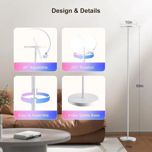 Alt view image 6 of 7 - Torchiere Floor Lamps for Living Room, 32W/3200LM Bright LED Standing Lamp with Remote, Modern Color Changing Tall Lamp with Stepless Dimming, 69" Corner Floor Lamp for Bedroom, Office