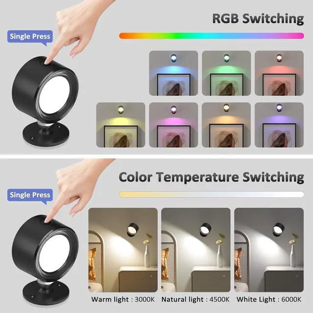 Alt view image 2 of 5 - LED Wall Lights 3 Pcs with Remote, RGB Ambience Wall Sconces Lamp 3000mAh Rechargeable Battery Operated, 3 Color Temp & Dimmable Magnetic 360° Rotation Cordless Light for Living Room Bedside