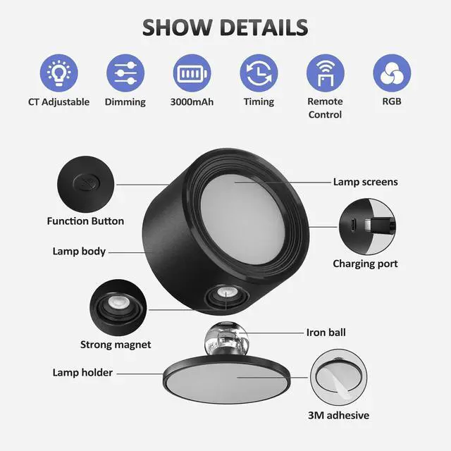 Alt view image 5 of 5 - LED Wall Lights 3 Pcs with Remote, RGB Ambience Wall Sconces Lamp 3000mAh Rechargeable Battery Operated, 3 Color Temp & Dimmable Magnetic 360° Rotation Cordless Light for Living Room Bedside