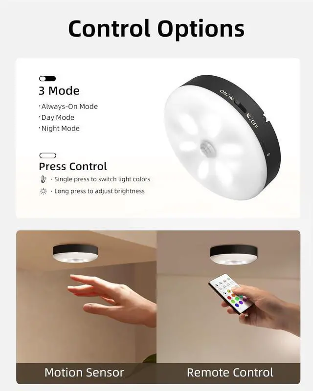 Alt view image 4 of 7 - Under Cabinet Lighting,1000mAh Rechargeable Puck Lights with Remote,3 Color Temps & 12 RGB Motion Sensor Closet Lights Indoor, Dimmable Under Counter Lights for Kitchen, Shelf Black (6 Packs)