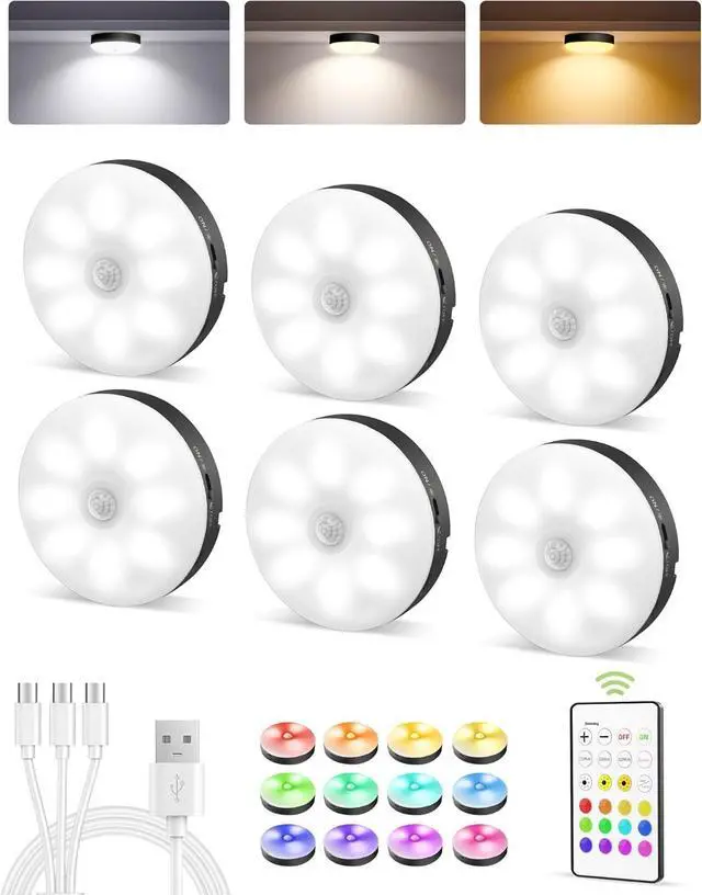 Main image of Under Cabinet Lighting,1000mAh Rechargeable Puck Lights with Remote,3 Color Temps & 12 RGB Motion Sensor Closet Lights Indoor, Dimmable Under Counter Lights for Kitchen, Shelf Black (6 Packs)